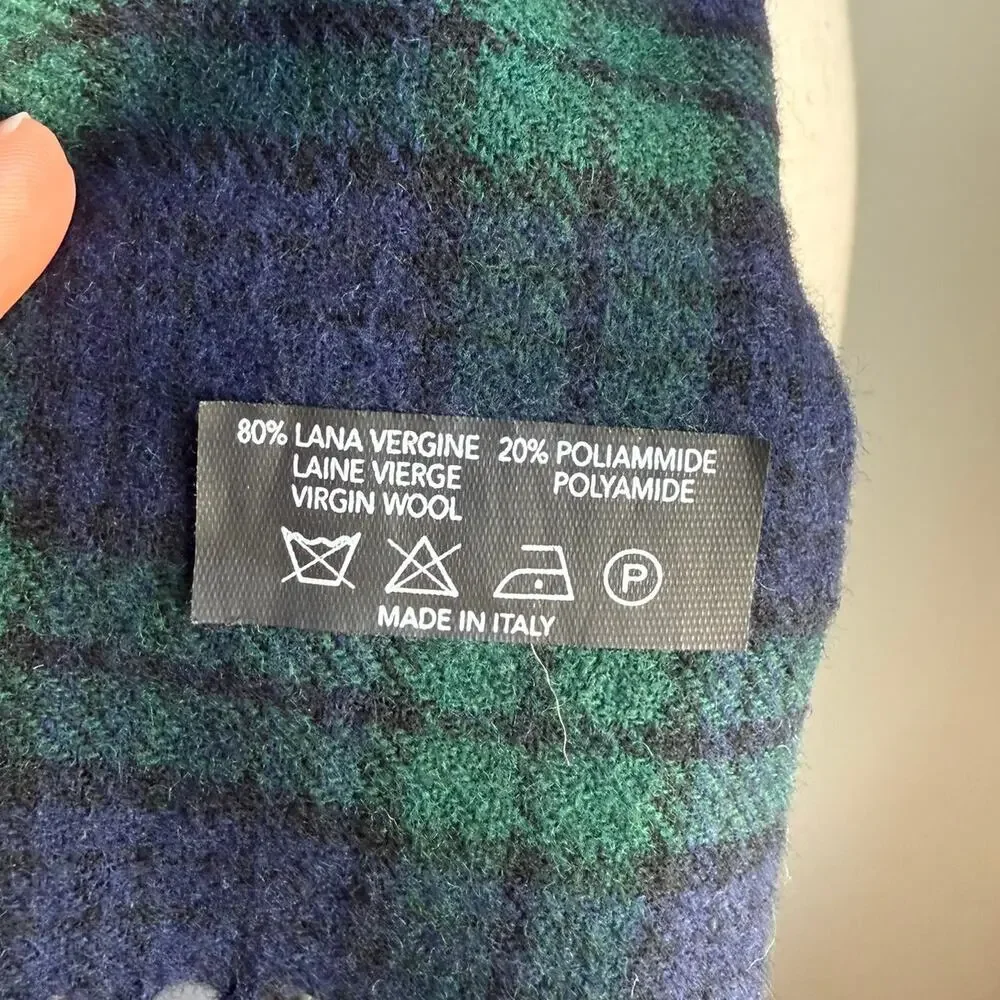 L.L.Bean Wool Blend Plaid Scarf Green Blue Tartan Made in Italy 50